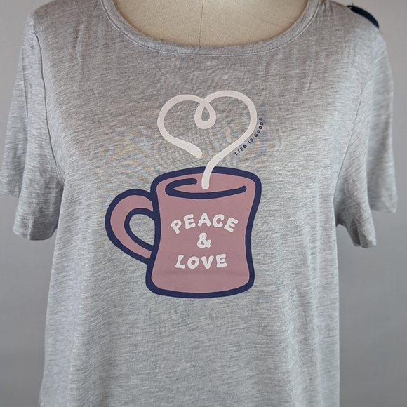 Life Is Good PJ Set Short Sleeve Top Shorts Peace & Love Coffee Grey Pink XL NWT - Picture 3 of 12